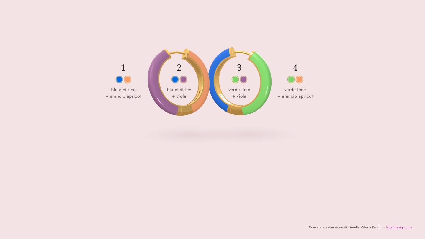Composizione desktop: nei fori compaiono «blu elettrico + viola» e «verde lime + viola»; gli altri due abbinamenti restano ai lati.